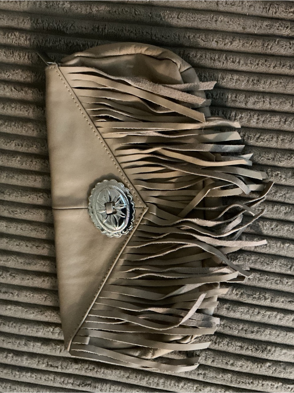 Leather Fringed Taupe Envelope Clutch with Silver Concho